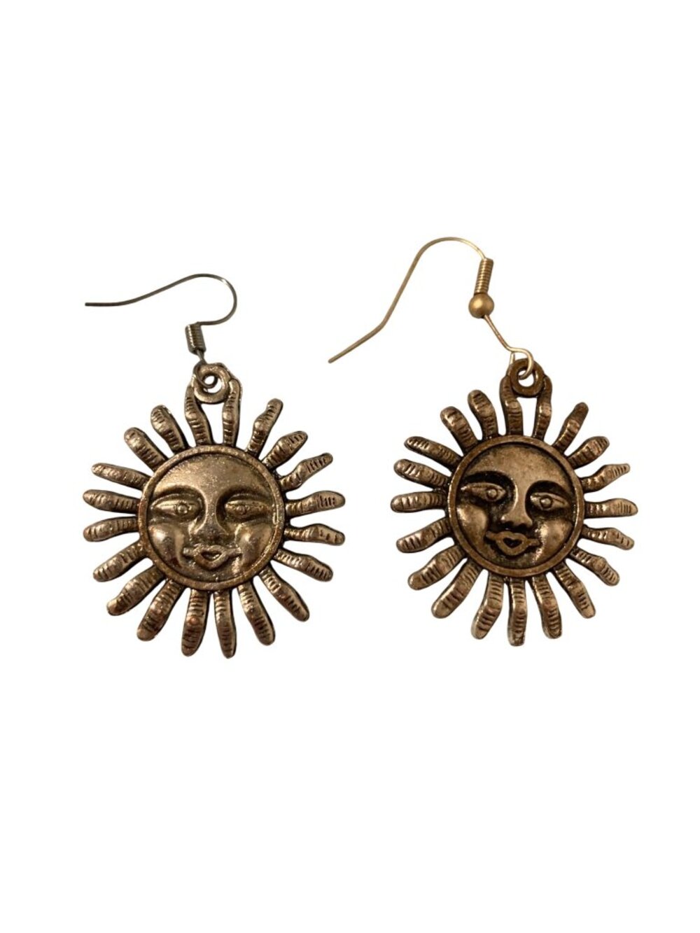 Silver Tone Celestial Sun Face Dangle Hook Earrings Whimsigoth
